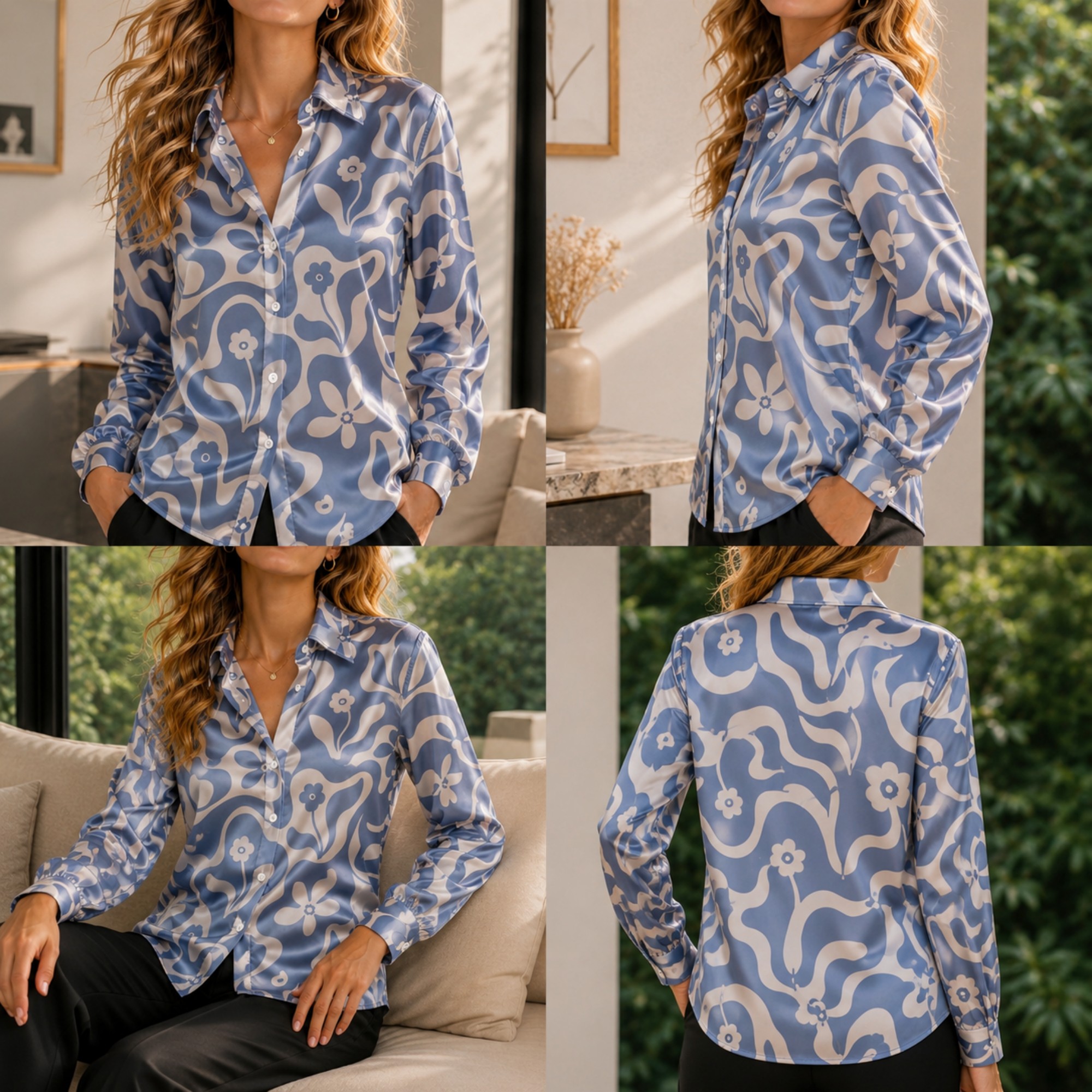 Women Fashion Outfits - Women Green Satin Blouse White Floral