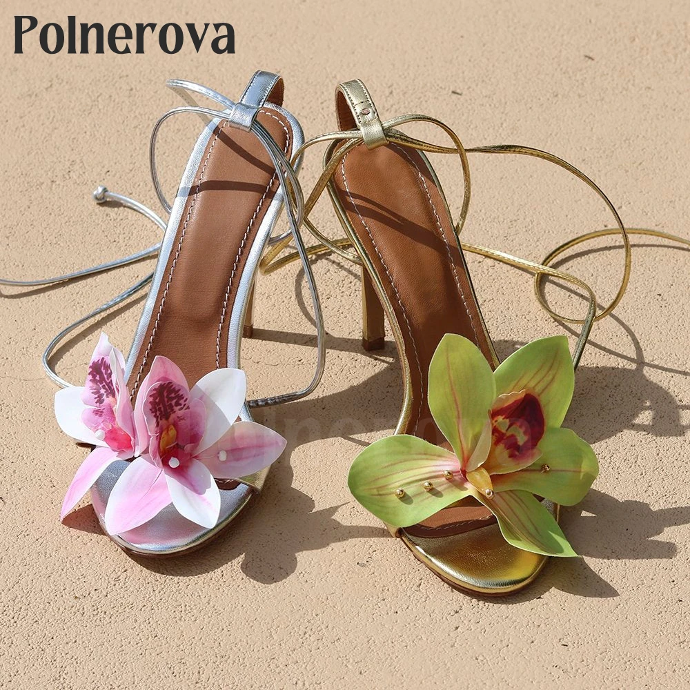 Sale Fashion Women - Green Floral Stiletto Sandals Gold Patent