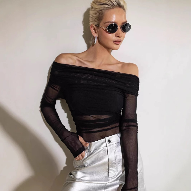 Women  Mesh Off Shoulder Top S - Women Fashion Outfits ulasan dan harga