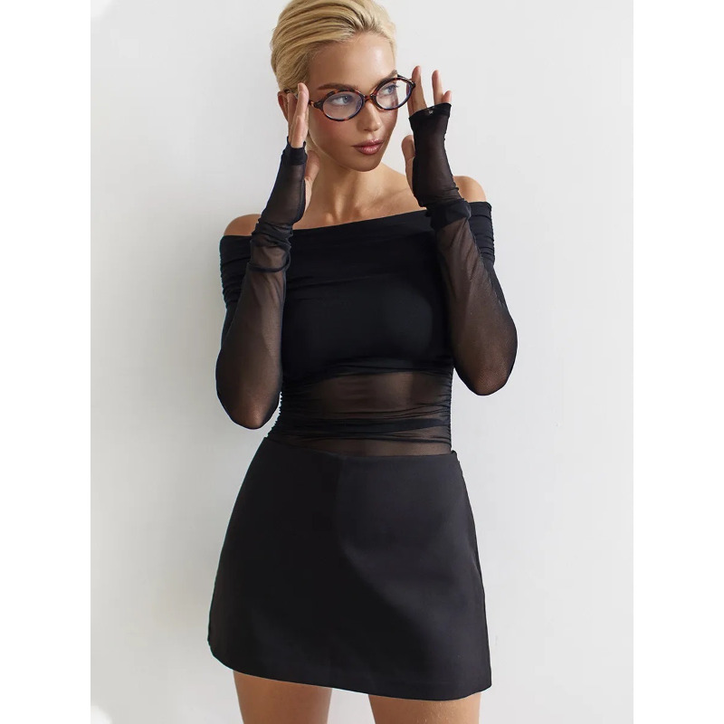 Women  Mesh Off Shoulder Top S - Women Fashion Outfits ulasan dan harga