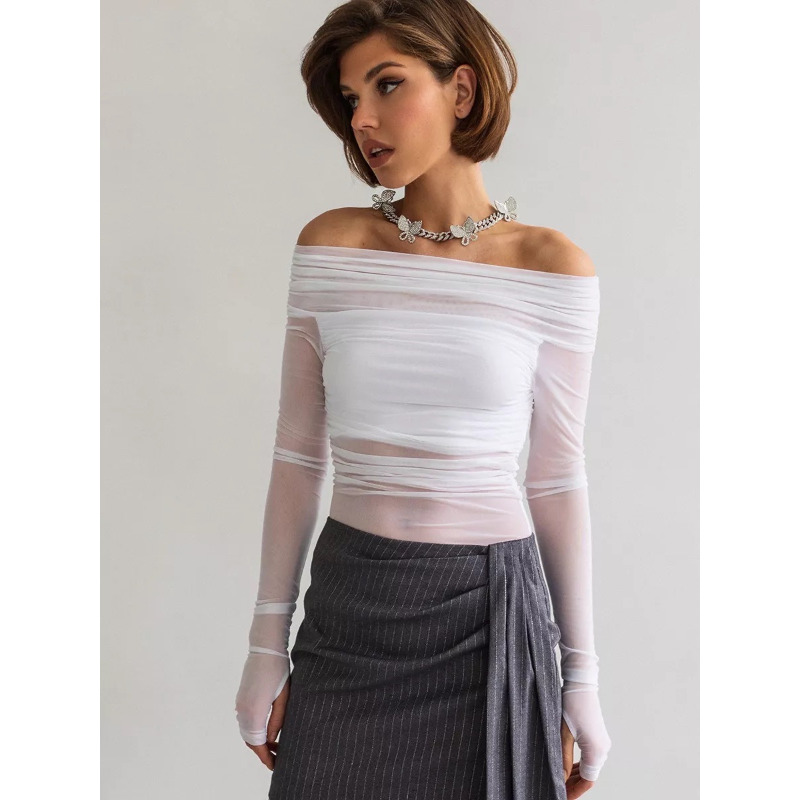 Women  Mesh Off Shoulder Top S - Women Fashion Outfits ulasan dan harga