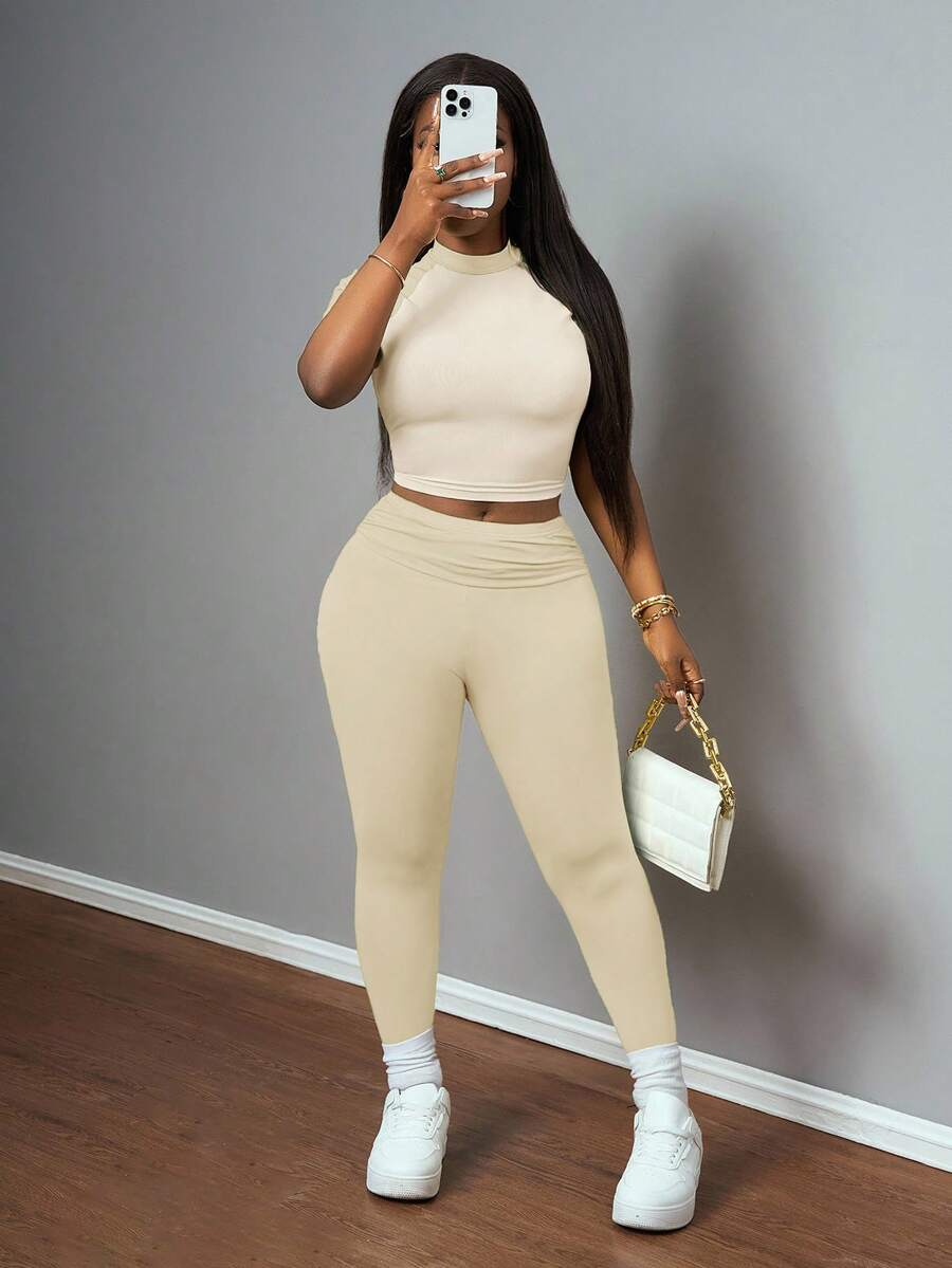 Beige Ruched Crop Top And High - High Waist Leggings ulasan dan harga