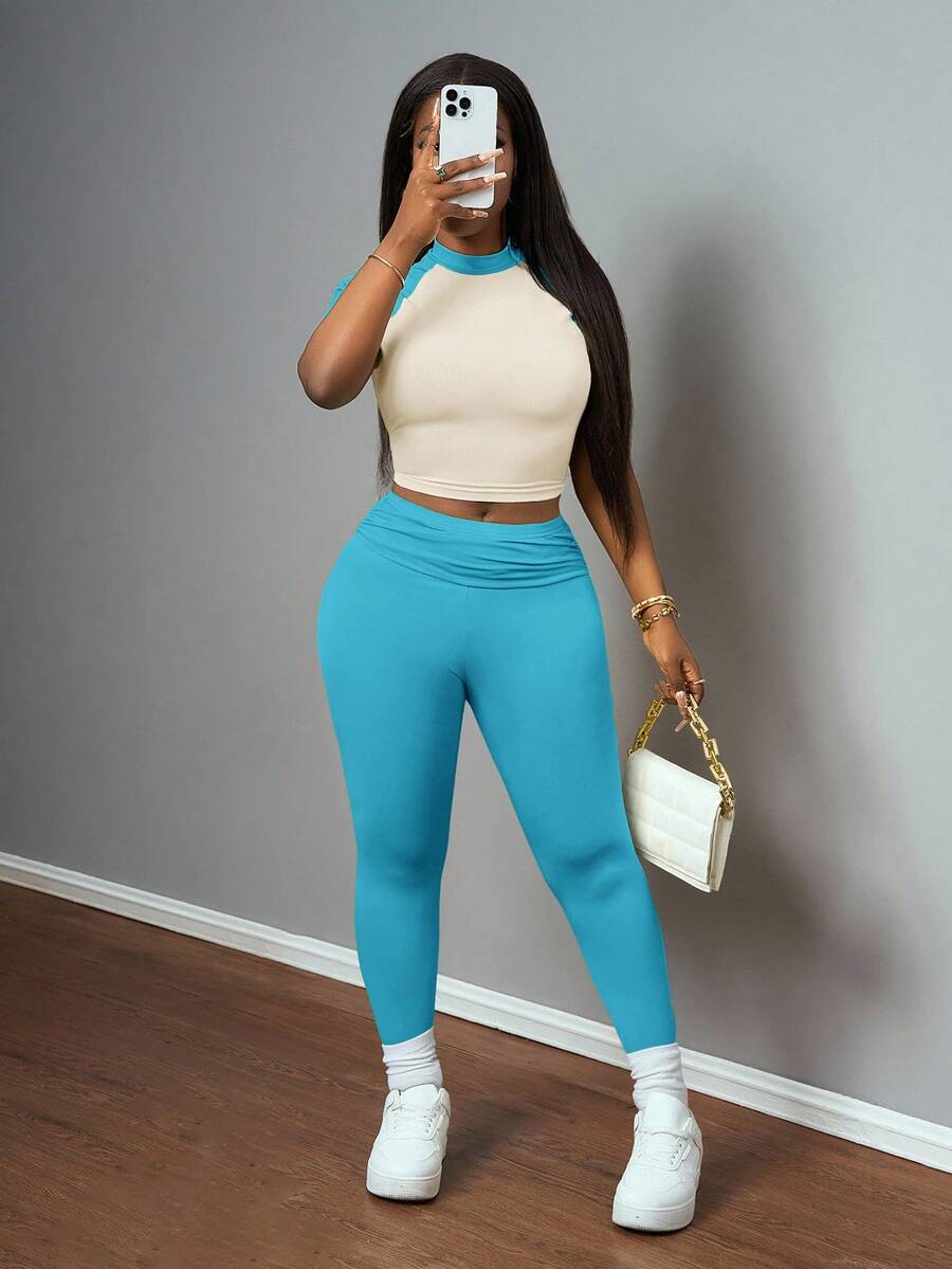 Beige Ruched Crop Top And High - High Waist Leggings ulasan dan harga