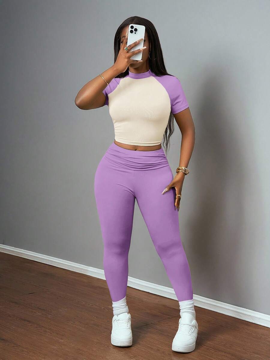 Beige Ruched Crop Top And High - High Waist Leggings ulasan dan harga
