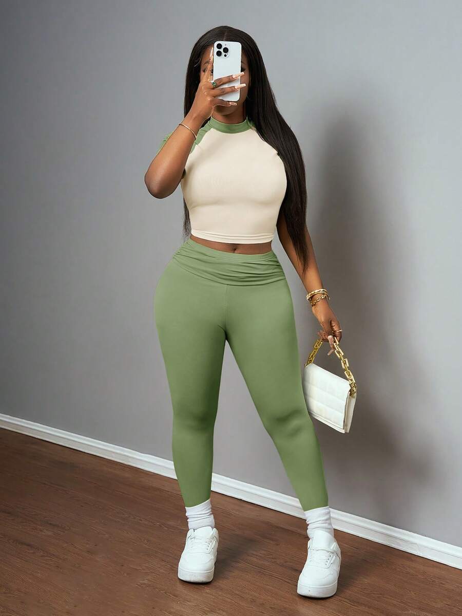 Beige Ruched Crop Top And High - High Waist Leggings ulasan dan harga