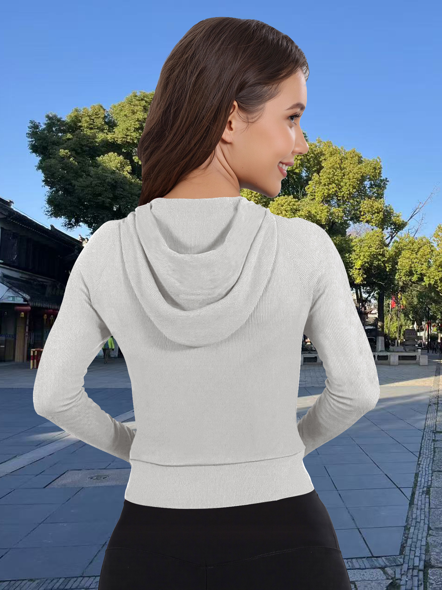 Form-Fitting Ribbed Zip-Up Hoo - High Waist Leggings ulasan dan harga